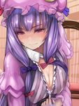  blush book breasts capelet chair cleavage cleavage_reach covered_nipples hanging_breasts highres hoshara large_breasts lavender_eyes lavender_hair library long_hair looking_at_viewer naughty_face patchouli_knowledge smile solo sweat touhou 