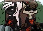  anthro barette brown_hair clothed clothing duo ear_piercing eyes_closed fangs female frown hair hand_holding inkyfrog lipstick male mammal piercing raccoon red_eyes romantic_couple sitting skunk smile tree white_hair 