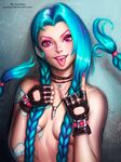  \m/ artist_name ayya_saparniyazova black_gloves blue_hair blue_nails braid breasts bullet bullet_necklace covering covering_breasts deviantart_username eyebrows eyelashes fingerless_gloves fingernails gloves head_tilt highres holding holding_hair jewelry jinx_(league_of_legends) league_of_legends long_fingernails long_hair looking_at_viewer nail_polish necklace no_bangs parted_lips piercing pink_eyes pink_lips pink_nails revision small_breasts solo tattoo teeth tongue tongue_out tongue_piercing twin_braids twintails upper_body very_long_hair watermark web_address 