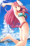  adapted_costume armpits arms_up ass bad_id bad_pixiv_id bare_arms bare_legs bare_shoulders barefoot bikini breasts closed_mouth cloud cloudy_sky commentary_request day elusya expressionless fox_mask from_side hata_no_kokoro highres lake long_hair looking_at_viewer looking_to_the_side mask mask_on_head pink_eyes pink_hair sky small_breasts solo sunlight swimsuit touhou 