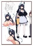  1girl absurdres black_hair bow breasts chibi demon_girl demon_horns demon_tail gigantic_breasts highres horn_bow horns hu_sea legs long_hair maid maid_cap nipples nude original rain sketch tail thighs umbrella 