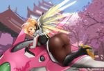  1girl armor arteria ass blonde_hair blue_eyes bodysuit boots breasts brown_legwear cameltoe closed_mouth faulds gloves hair_ornament hair_tie halo headgear huge_ass large_breasts looking_at_viewer lying mecha mechanical_halo mechanical_wings mercy_(overwatch) on_stomach overwatch pantyhose ponytail short_hair short_ponytail sideboob smile solo turtleneck web_address wings 