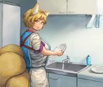  bangs blonde_hair bowl breasts chanta_(ayatakaoisii) closed_mouth cupboard dishwashing expressionless extra_ears fox_tail from_behind holding holding_bowl huge_breasts indoors long_skirt looking_at_viewer looking_back multiple_tails no_hat no_headwear rag refrigerator shiny shiny_hair shirt short_hair sink skirt sleeves_rolled_up soap_bubbles solo sweatdrop tabard tail touhou water white_shirt white_skirt yakumo_ran yellow_eyes 