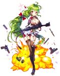  ahoge bad_id bad_pixiv_id black_footwear black_gloves black_legwear boots bow breasts brooch bullet cleavage explosion explosive full_body girls_frontline gloves green_hair grenade gun hand_on_own_cheek heart highres jewelry knee_boots large_breasts long_hair looking_at_viewer mk48_(girls_frontline) ponytail red_eyes rifle shorts single_glove solo thighhighs torn_clothes torn_legwear ttaji_(pass35) weapon white_background 