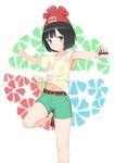  10s 1girl armpit belt black_hair child closed_mouth female_protagonist_(pokemon_sm) flat_chest hat holding looking_at_viewer navel pokeball pokemon pokemon_(game) pokemon_sm shiny shiny_hair shoes short_hair smile standing_on_one_leg toshishikisai 