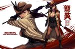  alternate_costume ammunition_belt black_hair blood blood_on_face bloody_clothes bloody_weapon boots braid breasts chaps cleavage cowboy_boots cowboy_hat eyepatch glaive hat hat_feather highres large_breasts lipstick long_hair makeup mole mole_under_eye neckerchief no_bra original polearm red_eyes ryu_shou sheriff sheriff_badge single_braid solo tan the_chronicle_of_black_phoenix trench_coat weapon yan_zhi_ying 
