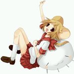  :3 animal_ears arm_up blonde_hair hand_up kneehighs leaning_back long_hair mouse_ears namori namori_(fictional_persona) open_mouth original outstretched_arm pleated_skirt red_eyes school_uniform sitting skirt smile solo white_legwear 