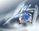  bad_id bad_pixiv_id blue_hair boots cirno crystal_sword grey_background heripu ice ribbon short_hair solo sword touhou wallpaper weapon 