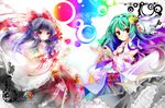  aqua_hair bad_id bad_pixiv_id bell black_hair blue_hair bow bracelet collaboration colorful embellished_costume frills frog gathers gradient_hair green_hair hair_bow hair_ornament hakurei_reimu jewelry jingle_bell kamiya_yuu kochiya_sanae multicolored_hair multiple_girls purple_hair ribbon shimeko smile snake touhou 