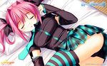  black_panties blue_legwear closed_eyes himukai_kyousuke koshino_karen necktie owari_naki_natsu_towa_naru_shirabe panties pink_hair plaid plaid_skirt skirt solo striped striped_legwear thighhighs twintails underwear wallpaper 