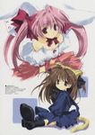  2girls animal_ears brown_eyes brown_hair bunny_ears cat_ears cat_tail child di_gi_charat dice halter_neck halterneck highres long_hair looking_at_viewer mitsumi_misato multiple_girls nekomimi pink_eyes pink_hair puchiko rabi~en~rose ribbon ribbons school_uniform seifuku serafuku tail usada_hikaru usagimimi waitress 