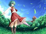  akashio_(loli_ace) ascot bad_id bad_pixiv_id blush boots brown_eyes closed_umbrella condensation_trail day fisheye green_hair kazami_yuuka leaf lens_flare meadow nature plaid plaid_skirt plaid_vest red_eyes short_hair skirt sky solo touhou tree umbrella vest wallpaper wind 