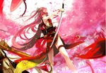  cherry_blossoms jpeg_artifacts katana long_hair red red_eyes redhead sword tagme 