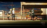  2girls bag eto hair_ribbon hatsune_miku kagamine_len kagamine_rin long_hair multiple_girls necktie railroad_signal ribbon school_uniform short_hair siblings sunset thighhighs twins twintails vocaloid zettai_ryouiki 