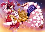  angry blonde_hair brown_hair detached_sleeves gap glomp hakurei_reimu hat highres hug long_hair multiple_girls murasaki_kajima one_eye_closed petals purple_eyes short_hair touhou wallpaper yakumo_yukari 