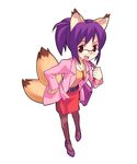  :d animal_ears artist_request belt brown_eyes fox_(trickster) fox_ears fox_tail glasses leaning_forward multiple_tails open_mouth pantyhose purple_hair skirt smile solo tail trickster 