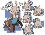  1girl =3 =_= alternate_breast_size amonitto animal_ears arms_up assault_rifle asuna_(blue_archive) bangs black_legwear blue_archive blue_bow blue_bowtie blue_eyes blue_leotard blue_ribbon blush bow bowtie breasts bullpup clenched_hands detached_collar elbow_gloves fake_animal_ears fake_tail famas flat_chest gloves grey_hair grin gun hair_over_one_eye hair_ribbon halo highres leotard long_hair mole mole_on_breast multiple_views o_o open_mouth pantyhose playboy_bunny rabbit_ears rabbit_tail ribbon rifle simple_background smile sweat tail teeth thighband_pantyhose upper_teeth v weapon white_gloves 