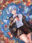  1girl artist_name autumn autumn_leaves bangs black_jacket black_skirt blue_bow blue_eyes blue_hair blue_neckwear blush bow bowtie breasts closed_mouth collared_shirt commentary day eyebrows_visible_through_hair feet_out_of_frame from_above hand_on_own_chest hatsune_miku highres jacket leaf long_hair long_sleeves looking_at_viewer lying maple_leaf off_shoulder on_back outdoors partially_submerged pleated_skirt qie shirt skirt small_breasts solo twintails upturned_eyes very_long_hair vocaloid water white_shirt 