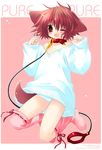  ;d animal_ears blush bow_legwear brown_eyes brown_hair collar dog_ears dog_tail fang hinata_(pure_pure) kneeling leash long_sleeves no_pants one_eye_closed open_mouth panties pink_legwear pure_pure red_hair ribbon ribbon-trimmed_legwear ribbon_trim sakurazawa_izumi short_hair smile solo sweater tail thighhighs underwear white_panties 