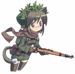 animal_ears bolt_action brown_scarf camouflage cat_ears copyright_request gun helmet leaf looking_at_viewer mauser_98 rifle scarf simple_background sniper solo tail tanaka_(cow) thighhighs weapon white_background world_war_ii 