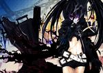  armor auer bad_id bad_pixiv_id belt black_hair black_rock_shooter chain coat flower hair_over_one_eye insane_black_rock_shooter long_hair midriff navel purple_eyes scar shorts skull solo twintails 