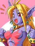  artist_request blonde_hair blush bracelet breasts breath_of_fire breath_of_fire_ii clenched_hands demon_girl detached_sleeves earrings fingernails jewelry long_fingernails long_hair lowres medium_breasts nail_polish necklace oekaki open_mouth pointy_ears purple_nails purple_skin red_eyes rinpoo_chuan shaman sideboob solo 