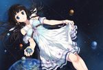 bangs black_hair blue_eyes bracelet dress earth floating_hair giantess hands jewelry long_hair lying necklace on_back original planet see-through_silhouette skirt_hold solo space sundress tiv wallpaper 