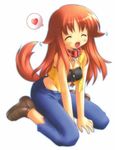  animal_ears closed_eyes collar dog_ears dogtags eyes_closed female hair inumimi jewelry necklace pants plain_background red_hair shorts solo tail white_background 