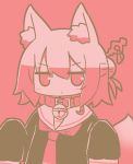  1girl animal_ear_fluff animal_ears bangs bell bell_collar blush closed_mouth collar eyebrows_visible_through_hair fox_ears fox_girl fox_tail hair_between_eyes hair_bun hair_ornament hands_up jingle_bell kemomimi-chan_(naga_u) long_hair long_sleeves looking_at_viewer monochrome naga_u original sailor_collar shirt sleeves_past_fingers sleeves_past_wrists solo tail tail_raised upper_body v-shaped_eyebrows 