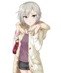  adjusting_collar anastasia_(idolmaster) artist_request bag blue_eyes coat fur-trimmed_coat fur-trimmed_hood fur_collar fur_trim highres hood hood_down hooded_coat idolmaster idolmaster_cinderella_girls jewelry long_sleeves looking_at_viewer official_art pendant short_hair silver_hair simple_background solo white_background winter_clothes winter_coat 