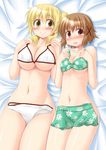  bikini bikini_skirt blonde_hair blush breasts brown_eyes brown_hair clothes_in_front floral_print green_bikini hair_ornament hidamari_sketch highres large_breasts long_hair lying medium_breasts miyako multiple_girls nude one_side_up short_hair side_ponytail smile swimsuit underboob utomo white_bikini x_hair_ornament yellow_bikini yuno 