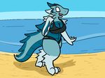  anthro aquatic_dragon beach big_breasts breasts ceridwen clothing dorsal_fin dragon female fin navel open_mouth sand seaside swimsuit thick_thighs trout_(artist) water 