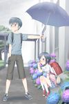  1girl :/ ;) backpack bag between_legs black_hair blue_eyes blue_shirt blue_skirt blush brown_shorts day flower frown giving hair_ornament hairclip hand_between_legs hand_in_pocket highres holding holding_umbrella hydrangea kneehighs legs_apart looking_at_another looking_away nose_blush one_eye_closed original outdoors outstretched_arm puffy_short_sleeves puffy_sleeves purple_eyes rain randoseru rubbing_eyes shirt shoes short_hair short_sleeves shorts sitting skirt smile sneakers standing tree uma_(uma1111) umbrella white_legwear 