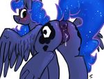  2016 animal_genitalia animal_pussy anus butt cutie_mark equine equine_pussy feathered_wings feathers female feral friendship_is_magic hair hooves horn long_hair mammal my_little_pony princess_luna_(mlp) pussy selenophile simple_background smile solo underhoof white_background winged_unicorn wings 