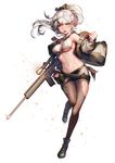 belt bikini_top full_body girls_frontline gun highres jacket kyjsogom long_hair looking_at_viewer midriff miniskirt navel open_mouth pantyhose ponytail psg-1_(girls_frontline) rifle shoes silver_eyes skirt solo standing standing_on_one_leg torn_clothes torn_legwear weapon white_background white_hair 
