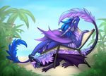  3_toes beach bite blue_hair blue_skin claws day detailed_background dragon duo female feral green_eyes hair horn membranous_wings oksara outside pink_hair purple_skin sand scales seaside toes wings 