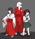  artist_name asriel_dreemurr barefoot blush_stickers brown_hair chara_(undertale) closed_eyes commentary cosplay fangs frisk_(undertale) furry grey_background hair_ribbon hakama hands_clasped heart heart_necklace higurashi_kagome higurashi_kagome_(cosplay) inuyasha inuyasha_(character) inuyasha_(character)_(cosplay) japanese_clothes jewelry kikyou_(inuyasha) kikyou_(inuyasha)_(cosplay) kneehighs knife looking_back miko necklace own_hands_together peppermintbee pleated_skirt red_hakama ribbon sandals school_uniform serafuku short_hair skirt spoilers standing undertale white_hair wide_sleeves 
