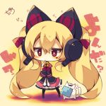  &gt;_&lt; 1girl absurdly_long_hair animal animal_ears azur_lane bangs beige_background bell black_jacket blonde_hair blush cat cat_ear_headphones cat_ears chibi concord_(azur_lane) eyebrows_visible_through_hair eyes_closed full_body hair_between_eyes headphones highres jacket jingle_bell long_hair long_sleeves looking_at_viewer mole mole_under_eye mouth_hold muuran open_clothes open_jacket pleated_skirt red_eyes shirt signature skirt sleeves_past_fingers sleeves_past_wrists solo standing star star-shaped_pupils symbol-shaped_pupils translation_request twintails very_long_hair white_shirt white_skirt 