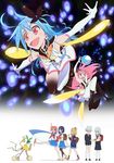  4girls :d ahoge anklet arm_sling bangs_pinned_back blue_hair bug bunny butterfly butterfly_hair_ornament dress dual_persona elbow_gloves flip-flops flip_flappers gloves hair_ornament hair_ribbon high_heels highres insect jewelry kojima_takashi kokomine_cocona long_hair magical_girl multiple_girls official_art open_mouth papika_(flip_flappers) pleated_skirt pure_barrier pure_blade red_eyes ribbon robot sandals school_uniform serafuku short_dress short_hair skirt smile surfboard thighhighs toto_(flip_flappers) tt-392 uexkull walking white_dress white_gloves yayaka yuyu_(flip_flappers) 