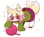  1girl afterimage all_fours animal_ears bangs bell bell_collar blonde_hair blush brown_footwear collar eyebrows_visible_through_hair fox_ears fox_girl fox_tail full_body green_shirt hair_between_eyes hair_bun hair_ornament jingle_bell kemomimi-chan_(naga_u) long_sleeves naga_u original pleated_skirt purple_skirt red_eyes ribbon-trimmed_legwear ribbon_trim sailor_collar shadow shirt sidelocks skirt sleeves_past_fingers sleeves_past_wrists solo sparkle tail tail_raised tail_wagging thighhighs white_background white_legwear white_sailor_collar yarn yarn_ball 