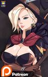  alternate_costume artist_name bad_deviantart_id bad_id bangle blonde_hair blue_eyes bracelet breast_hold breasts brown_gloves capelet cleavage earrings elbow_gloves gloves halloween_costume hat holding holding_staff jack-o'-lantern jack-o'-lantern_earrings jewelry kyoffie12 large_breasts lips mechanical_wings mercy_(overwatch) nose overwatch parted_lips patreon_logo short_sleeves signature solo staff upper_body watermark wings witch witch_hat witch_mercy 
