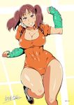  ass_visible_through_thighs blush boots breasts brown_hair cameltoe cleavage diane_(nanatsu_no_taizai) fingerless_gloves gloves grin highres large_breasts leotard long_hair looking_at_viewer nanatsu_no_taizai orange_leotard purple_eyes simple_background smile solo thigh_gap thighs twintails wide_hips yosiura 