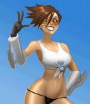  1girl animated animated_gif areolae blue_background breasts brown_hair collaboration digitalgil erect_nipples gloves goggles hair_between_eyes navel nipples overwatch panties parted_lips rodjim see-through short_hair smile solo spiked_hair tank_top tanline teeth tracer_(overwatch) wet 