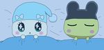  &lt;3 2016 bed bedding blanket cansin13_(artist) cute eyes_closed female green_eyes hat lovelitchi male mametchi sleeping tamagotchi 