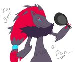  2016 abra_the_kadabra ambiguous_gender claws feral frying_pan fur grey_fur grey_hair hair looking_at_viewer multicolored_hair nintendo pok&eacute;mon red_claws red_hair simple_background text two_tone_hair video_games zoroark 