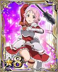  arm_up bow bowtie breastplate card_(medium) dress hair_ornament hairclip holding holding_weapon leg_up lisbeth number official_art pink_hair red_dress red_eyes short_hair solo striped striped_bow sword_art_online sword_art_online:_code_register thigh_strap warhammer weapon 