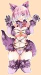  animal_ears ass_visible_through_thighs blush bow breasts claws cleavage cropped_legs dangerous_beast enpe eyebrows eyebrows_visible_through_hair fang fate/grand_order fate_(series) fur fur_collar fur_trim hair_over_one_eye halloween_costume highres knees_together_feet_apart looking_at_viewer mash_kyrielight medium_breasts navel o-ring open_mouth orange_background outline panties purple_eyes purple_hair purple_panties short_hair simple_background solo striped striped_bow tail underwear wolf_ears wolf_tail 