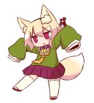  1girl :o animal_ear_fluff animal_ears bangs bell bell_collar blonde_hair blush brown_footwear brown_neckwear collar eyebrows_visible_through_hair fox_ears fox_girl fox_tail full_body green_shirt hair_between_eyes hair_bun hair_ornament head_tilt highres jingle_bell kemomimi-chan_(naga_u) long_sleeves looking_away naga_u original outstretched_arms parted_lips pleated_skirt purple_skirt ribbon-trimmed_legwear ribbon_trim sailor_collar shirt sidelocks simple_background skirt sleeves_past_fingers sleeves_past_wrists solo tail thighhighs v-shaped_eyebrows white_background white_legwear white_sailor_collar 