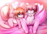  all_fours alternate_version_available am_ericium anthro balls bed blue_eyes blush canine cub cum cum_on_penis cumshot duo ejaculation female fur girly hair half-closed_eyes looking_at_penis lying male male/female mammal multi_tail on_back open_mouth orgasm penis pillow pink_background pink_fur pink_hair red_hair simple_background spread_legs spreading uncut young 