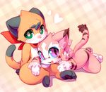  &lt;3 3_fingers 3_toes 4_toes anthro blush cat checkered_background cotora cub cute duo feline fur green_eyes hindpaw looking_at_viewer lying male male/male mammal nude nyaou on_front open_mouth orange_fur pattern_background pawpads paws pink_eyes pink_fur simple_background sitting slit_pupils toes white_fur young 